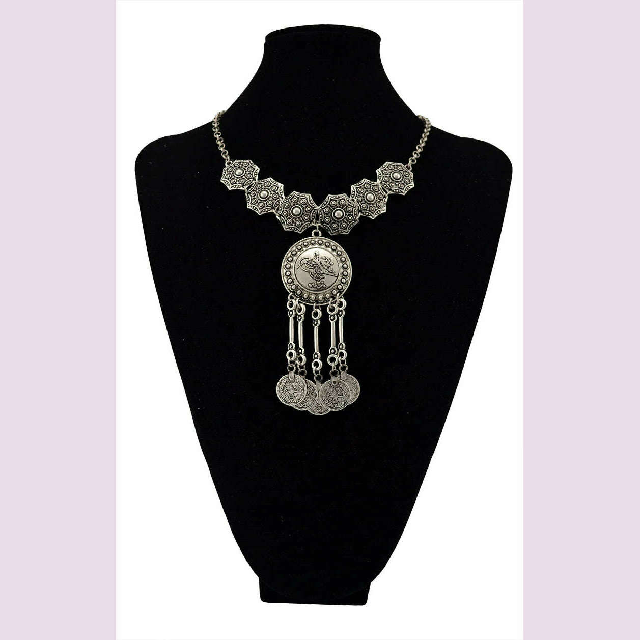 KIMLUD, Ethnic Gypsy Vintage Metal Coin Tassel Necklaces Carved Flower For Women Boho Tibetan Silver Necklaces Turkish Tribal Jewelry, KIMLUD Womens Clothes