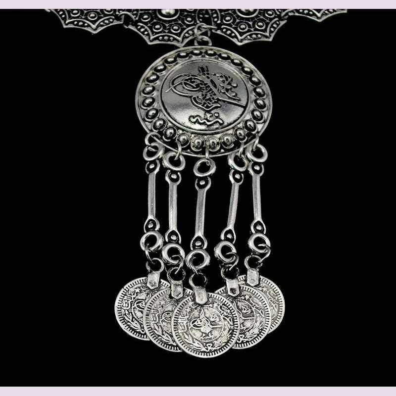 KIMLUD, Ethnic Gypsy Vintage Metal Coin Tassel Necklaces Carved Flower For Women Boho Tibetan Silver Necklaces Turkish Tribal Jewelry, KIMLUD Womens Clothes
