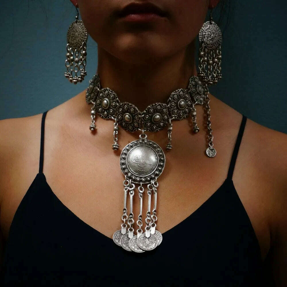 KIMLUD, Ethnic Gypsy Vintage Metal Coin Tassel Necklaces Carved Flower For Women Boho Tibetan Silver Necklaces Turkish Tribal Jewelry, KIMLUD Womens Clothes