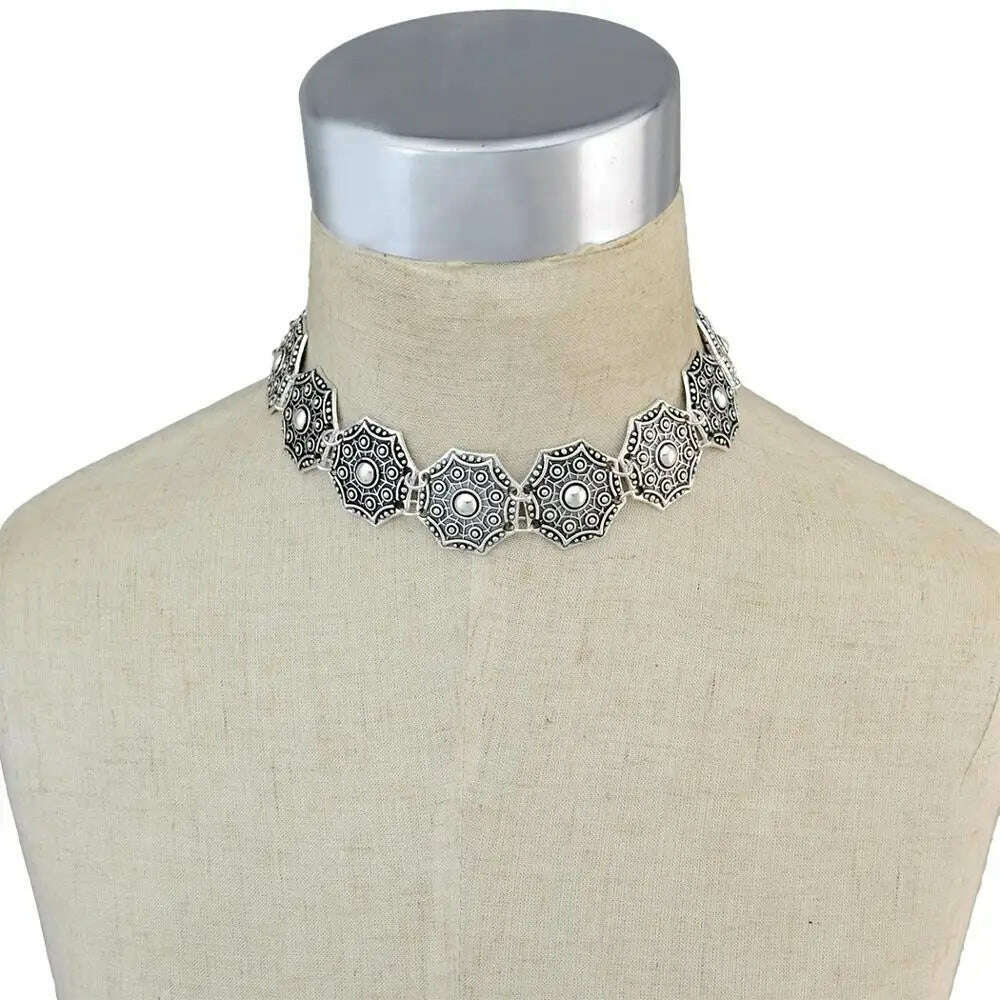 KIMLUD, Ethnic Gypsy Vintage Metal Coin Tassel Necklaces Carved Flower For Women Boho Tibetan Silver Necklaces Turkish Tribal Jewelry, silver, KIMLUD APPAREL - Womens Clothes