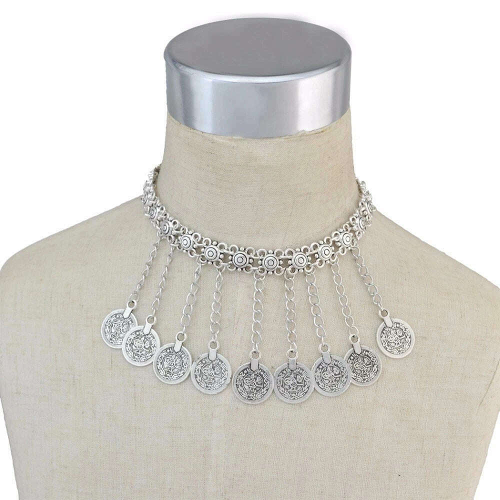 KIMLUD, Ethnic Gypsy Vintage Metal Coin Tassel Necklaces Carved Flower For Women Boho Tibetan Silver Necklaces Turkish Tribal Jewelry, S 2, KIMLUD APPAREL - Womens Clothes