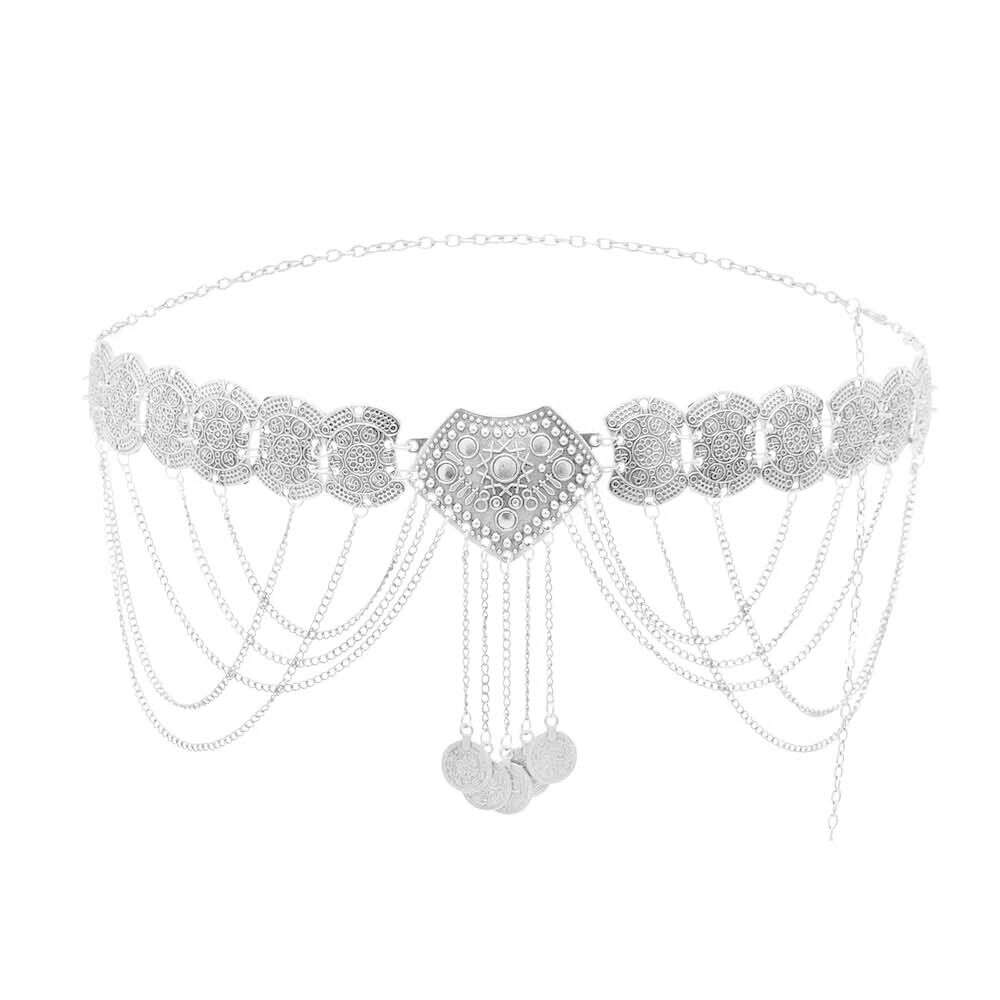 Ethnic Vintage Metal Belly Chains for Women Dancing Dress Belt Waist Chain Geometric Coin Long Tassel Indian Body Jewelry Chain - KIMLUD