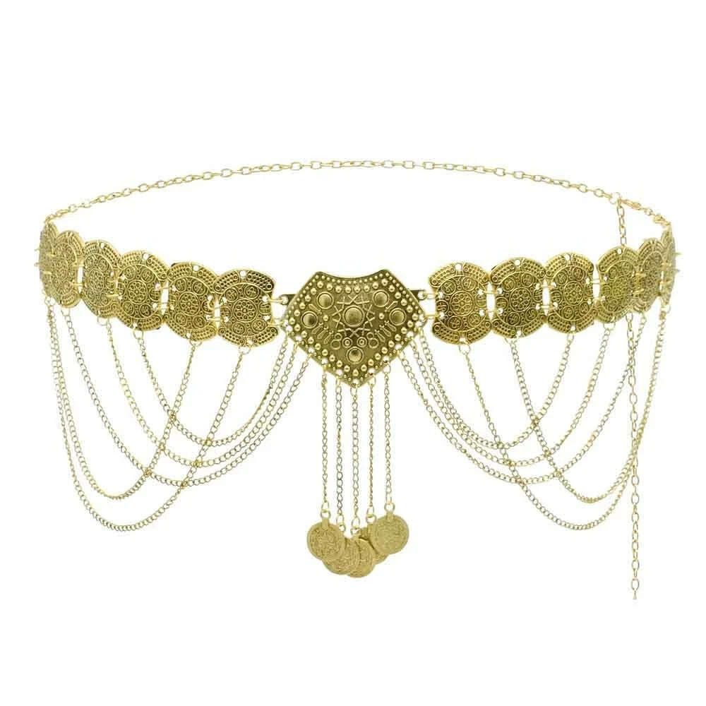 Ethnic Vintage Metal Belly Chains for Women Dancing Dress Belt Waist Chain Geometric Coin Long Tassel Indian Body Jewelry Chain - KIMLUD
