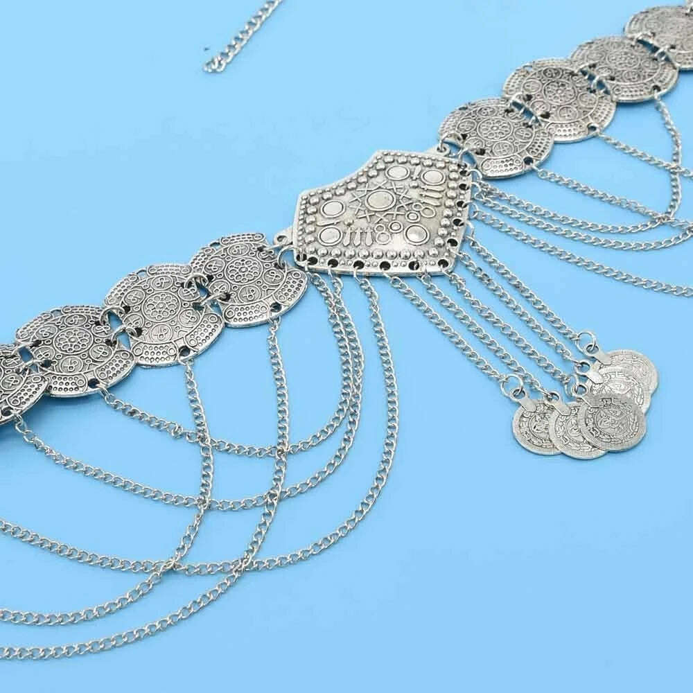 Ethnic Vintage Metal Belly Chains for Women Dancing Dress Belt Waist Chain Geometric Coin Long Tassel Indian Body Jewelry Chain - KIMLUD