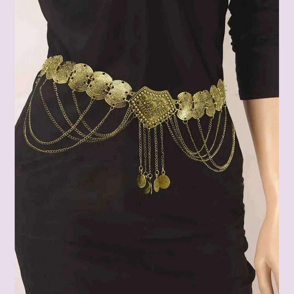 Ethnic Vintage Metal Belly Chains for Women Dancing Dress Belt Waist Chain Geometric Coin Long Tassel Indian Body Jewelry Chain - KIMLUD