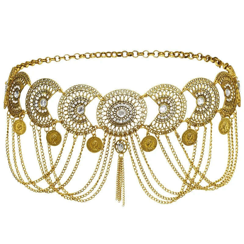 Ethnic Vintage Metal Belly Chains for Women Dancing Dress Belt Waist Chain Geometric Coin Long Tassel Indian Body Jewelry Chain - KIMLUD