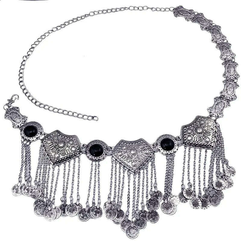 Ethnic Vintage Metal Belly Chains for Women Dancing Dress Belt Waist Chain Geometric Coin Long Tassel Indian Body Jewelry Chain - KIMLUD