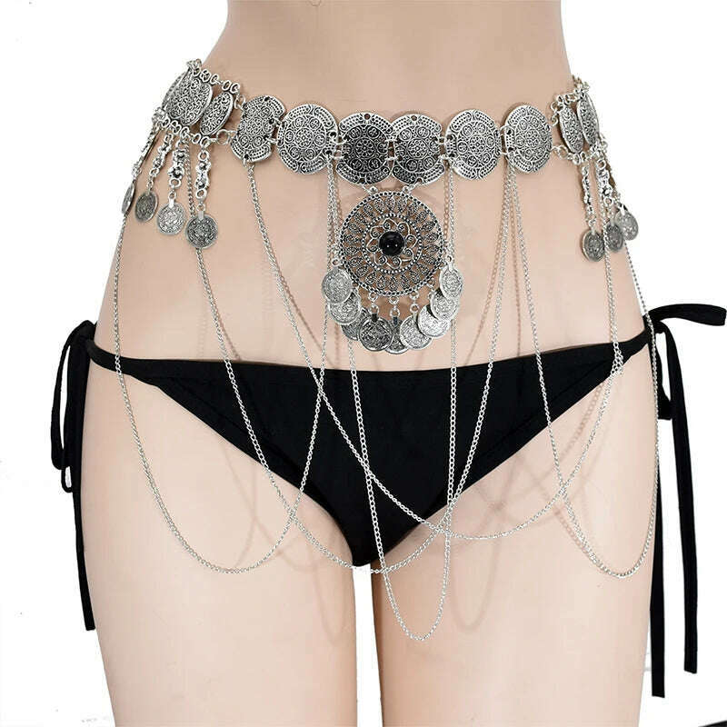 Ethnic Vintage Metal Belly Chains for Women Dancing Dress Belt Waist Chain Geometric Coin Long Tassel Indian Body Jewelry Chain - KIMLUD