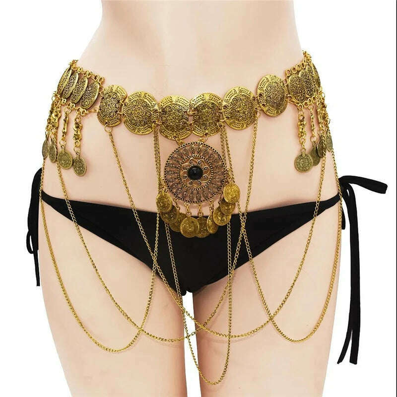 Ethnic Vintage Metal Belly Chains for Women Dancing Dress Belt Waist Chain Geometric Coin Long Tassel Indian Body Jewelry Chain - KIMLUD