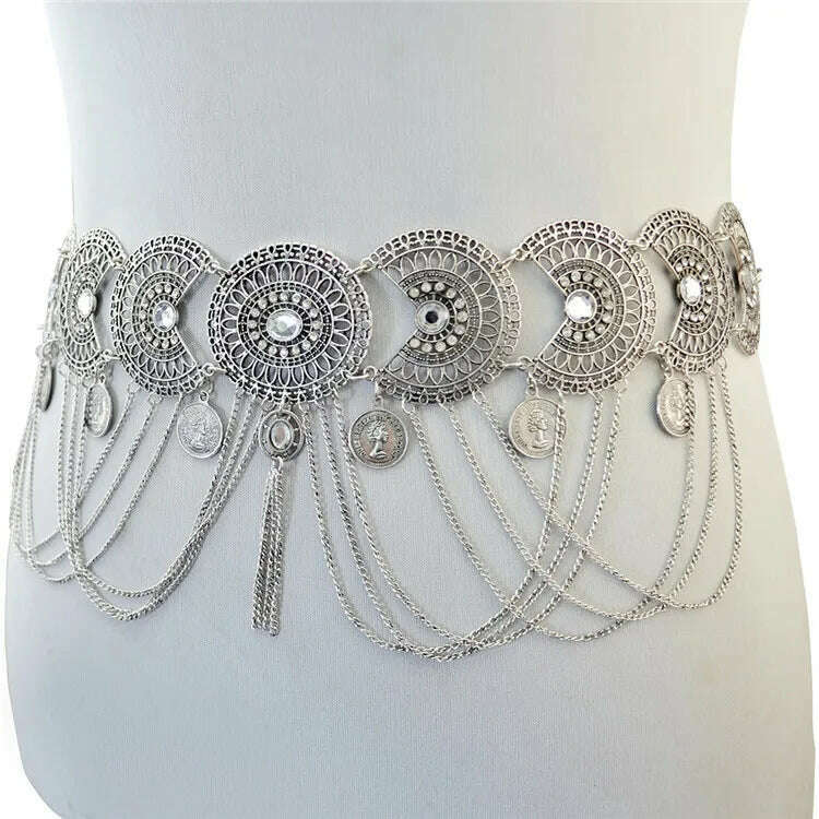 Ethnic Vintage Metal Belly Chains for Women Dancing Dress Belt Waist Chain Geometric Coin Long Tassel Indian Body Jewelry Chain - KIMLUD