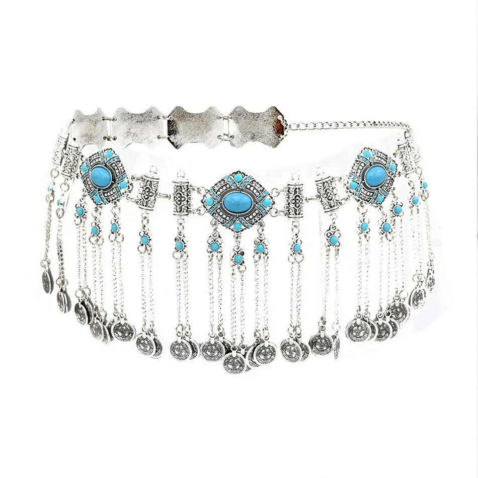 Ethnic Vintage Metal Belly Chains for Women Dancing Dress Belt Waist Chain Geometric Coin Long Tassel Indian Body Jewelry Chain - KIMLUD