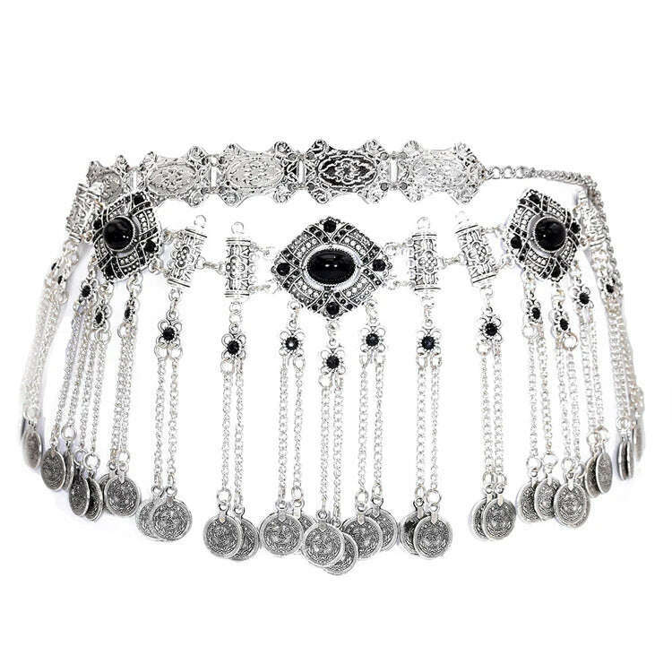 Ethnic Vintage Metal Belly Chains for Women Dancing Dress Belt Waist Chain Geometric Coin Long Tassel Indian Body Jewelry Chain - KIMLUD