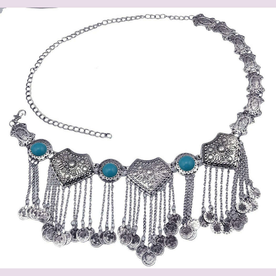 Ethnic Vintage Metal Belly Chains for Women Dancing Dress Belt Waist Chain Geometric Coin Long Tassel Indian Body Jewelry Chain - KIMLUD