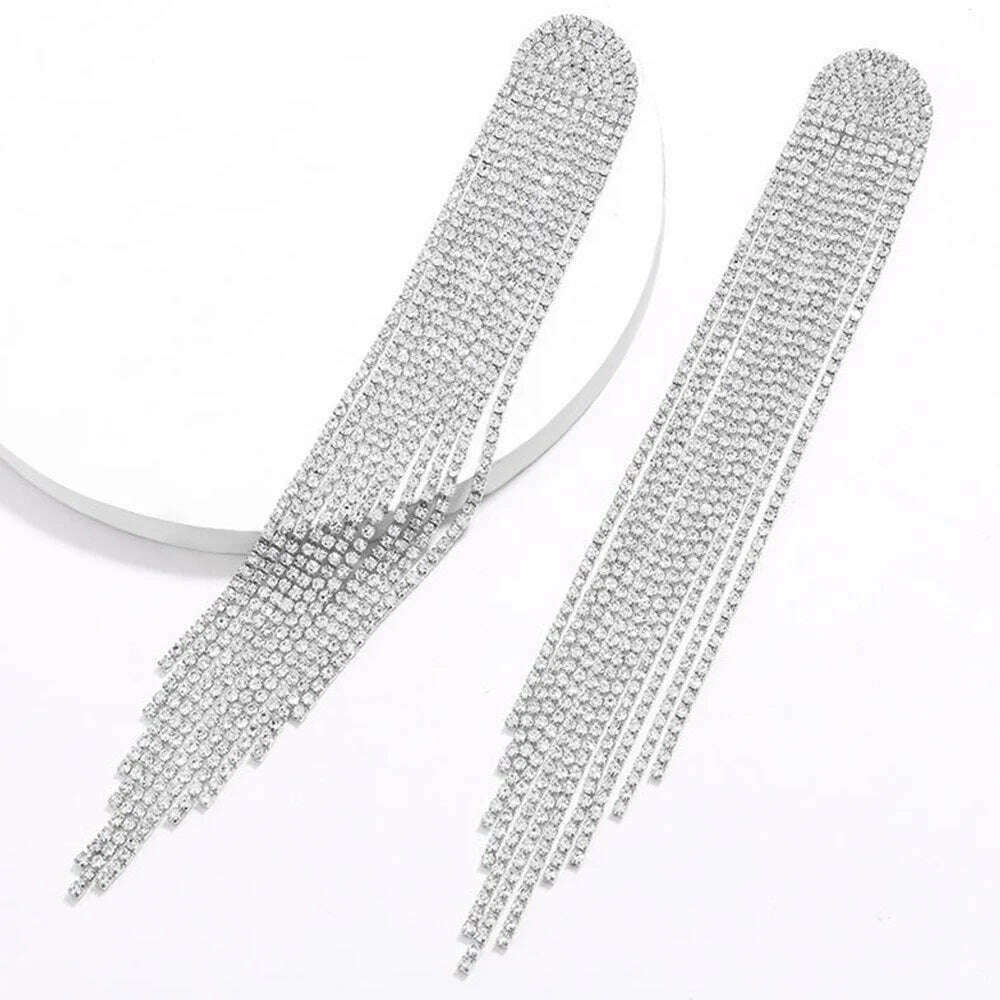 Europe And America New Exaggerated Full Rhinestone Tassel Earrings For Women Party Wedding Statement Jewelry Long Earings Gifts - KIMLUD