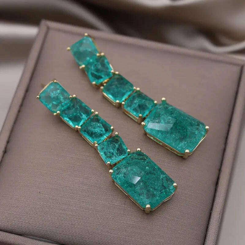 European American New Design Fashion Jewelry Long Square Green Cracked Zircon Earrings Luxury Women's Wedding Party Accessories - KIMLUD