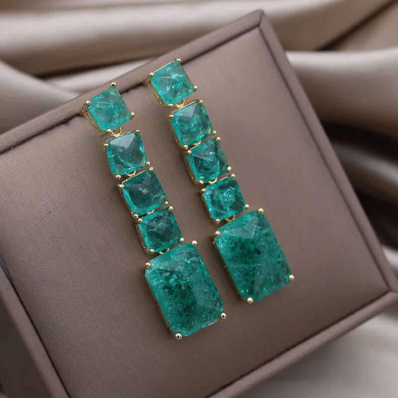 European American New Design Fashion Jewelry Long Square Green Cracked Zircon Earrings Luxury Women's Wedding Party Accessories - KIMLUD