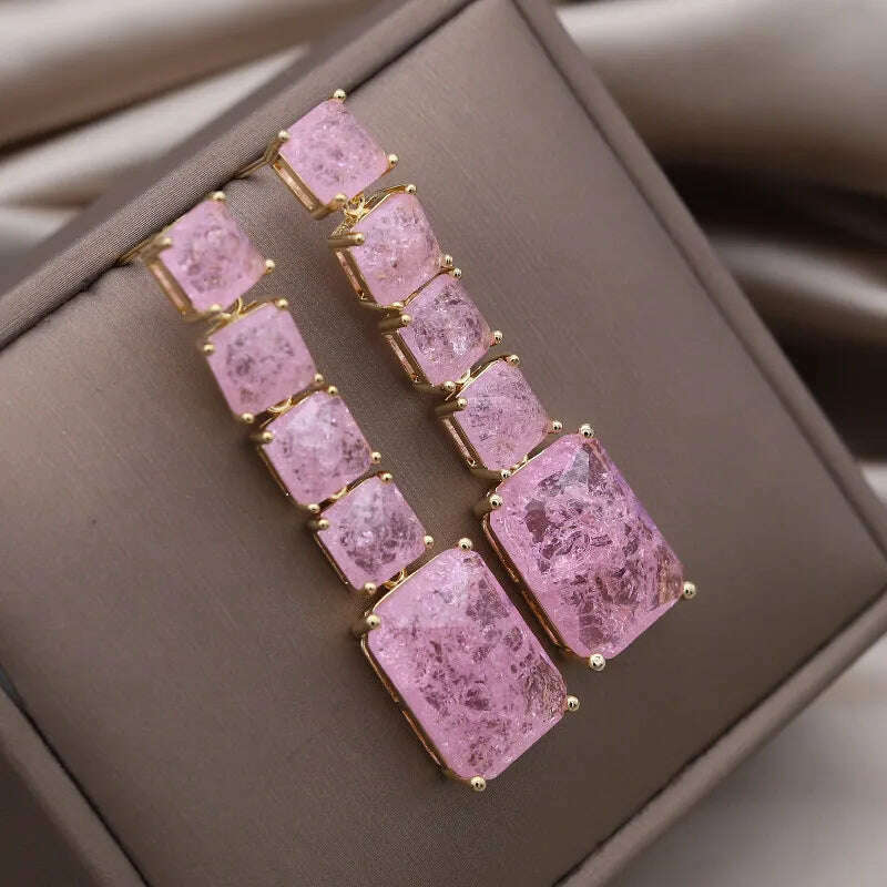 European American New Design Fashion Jewelry Long Square Green Cracked Zircon Earrings Luxury Women's Wedding Party Accessories - KIMLUD