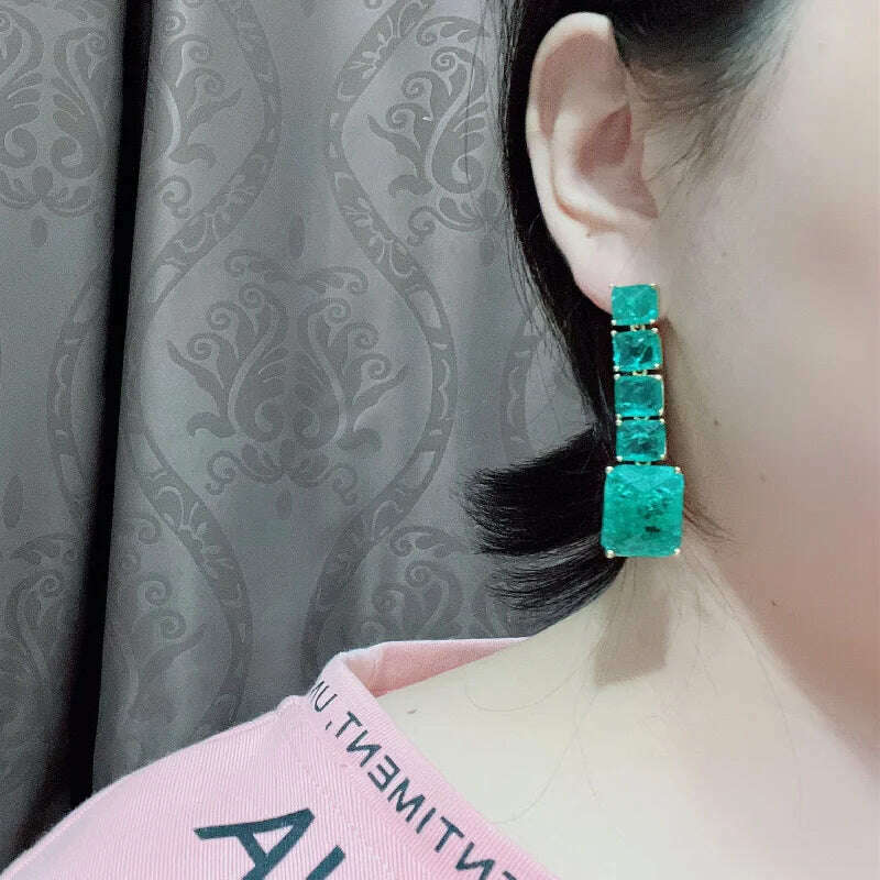 European American New Design Fashion Jewelry Long Square Green Cracked Zircon Earrings Luxury Women's Wedding Party Accessories - KIMLUD