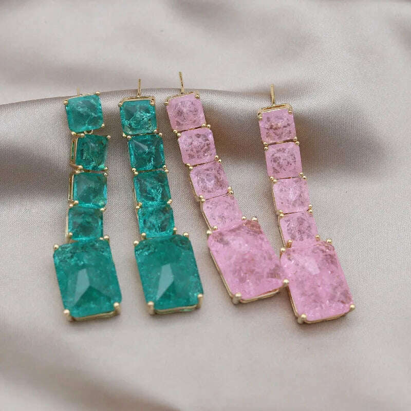 European American New Design Fashion Jewelry Long Square Green Cracked Zircon Earrings Luxury Women's Wedding Party Accessories - KIMLUD
