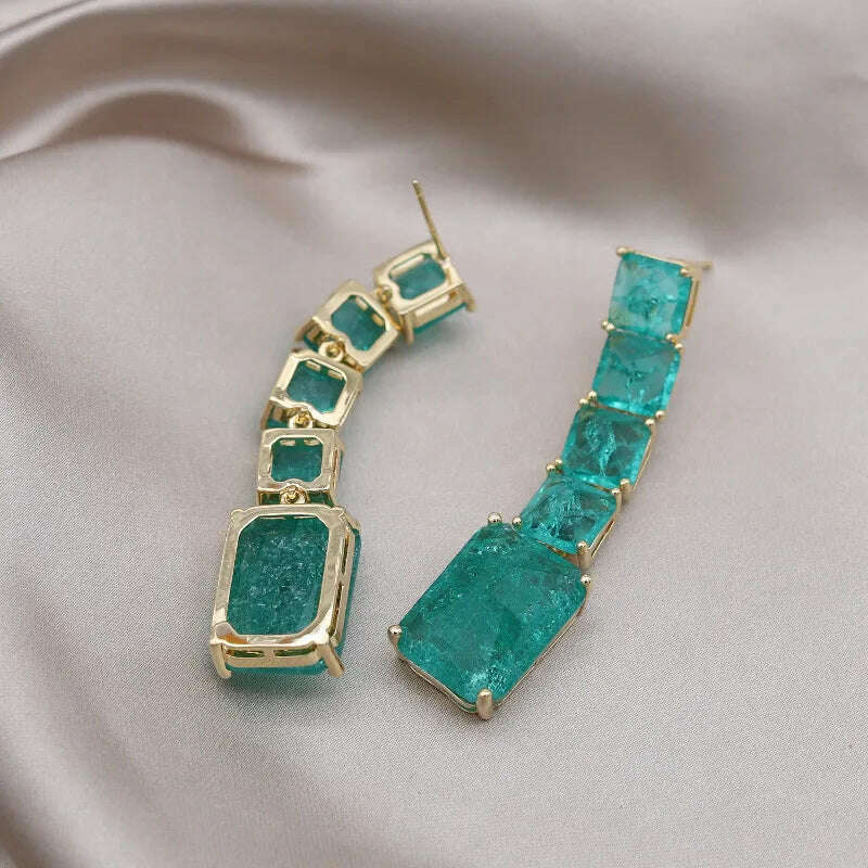 European American New Design Fashion Jewelry Long Square Green Cracked Zircon Earrings Luxury Women's Wedding Party Accessories - KIMLUD