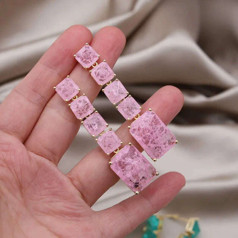 European American New Design Fashion Jewelry Long Square Green Cracked Zircon Earrings Luxury Women's Wedding Party Accessories - KIMLUD