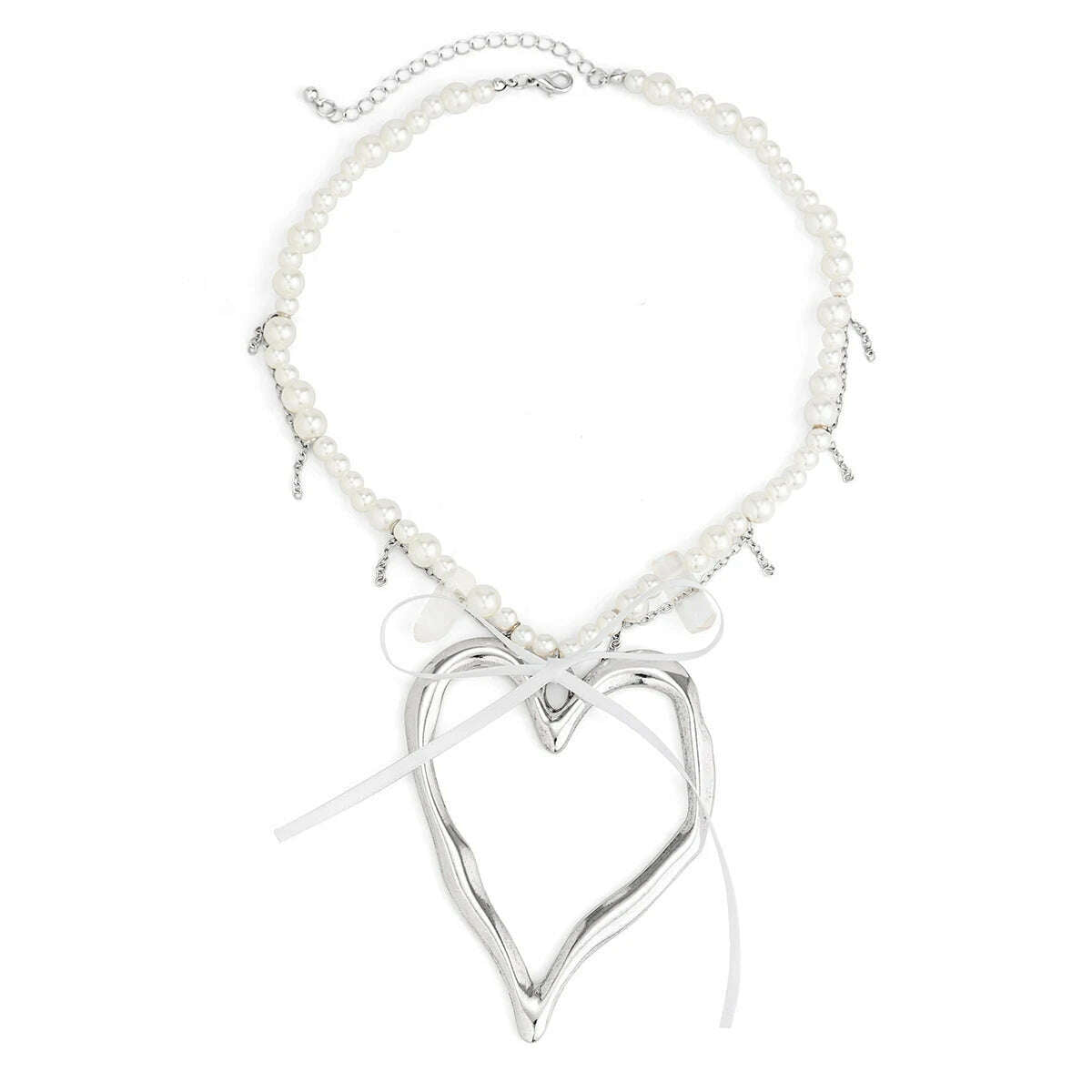 Exaggerated Big Hollow Love Heart Pendant Choker Necklace for Women Elegant Bowknot Imitation Pearl Chain Y2K Wed Jewelry Gift - KIMLUD