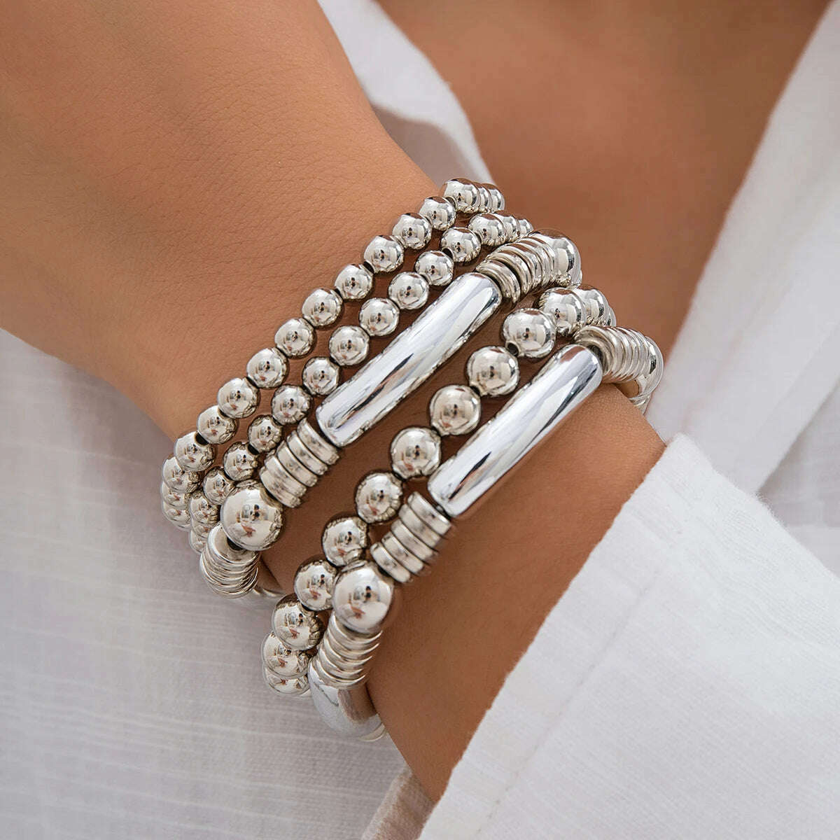 Exaggerated Punk Big Ball Chain Bracelets Women Vintage Chunky Round Beads Elastic Bangle Grunge Couple Jewelry Steampunk Men - KIMLUD