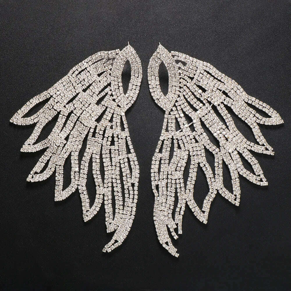 Exaggerated Rhinestone Oversized Wing Drop Earrings Dinner Jewelry for Women Crystal Irregular Big Dangle Earrings Accessories - KIMLUD