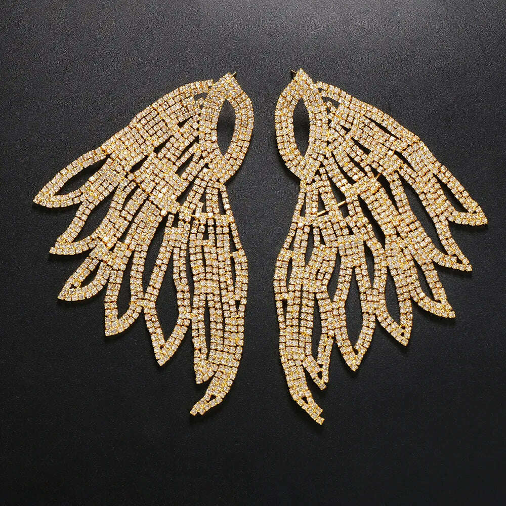 Exaggerated Rhinestone Oversized Wing Drop Earrings Dinner Jewelry for Women Crystal Irregular Big Dangle Earrings Accessories - KIMLUD