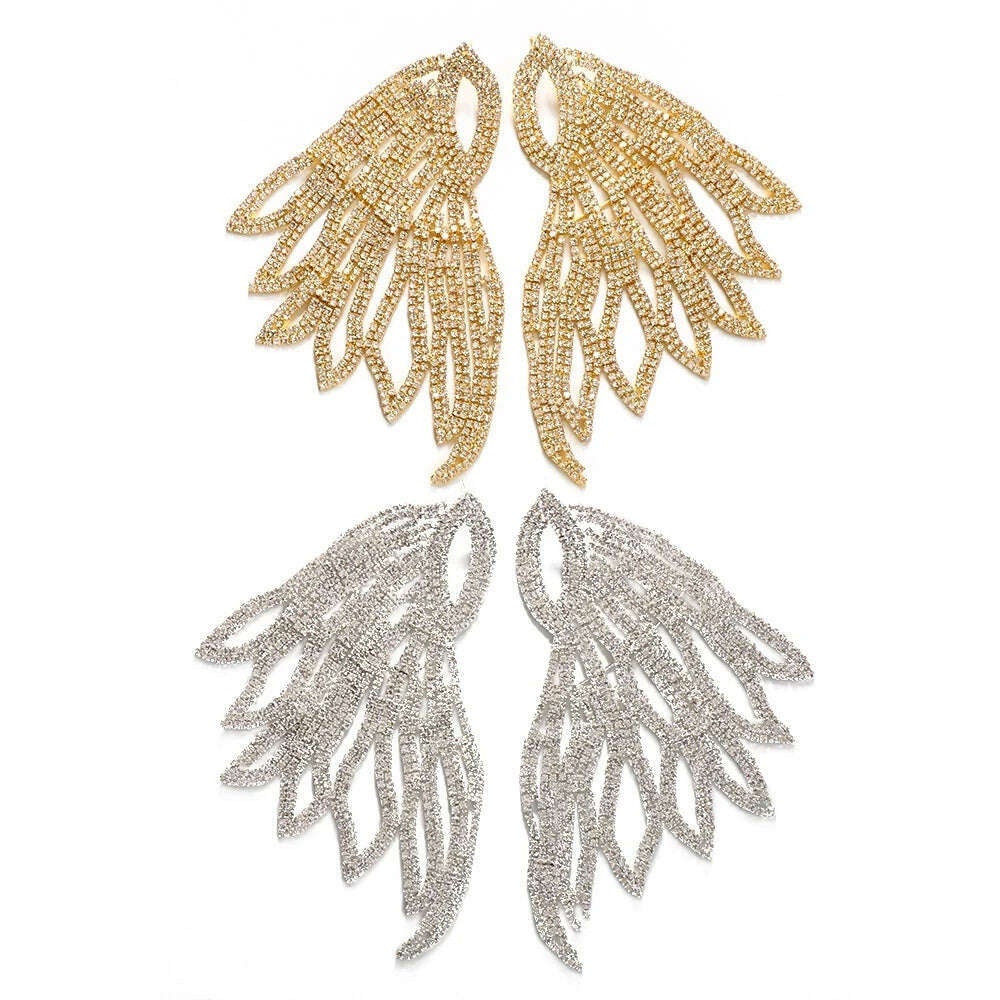 Exaggerated Rhinestone Oversized Wing Drop Earrings Dinner Jewelry for Women Crystal Irregular Big Dangle Earrings Accessories - KIMLUD