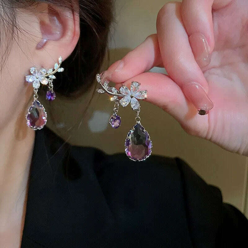 Exquisite Purple Zircon Earrings Rhinestone Women's Earrings Water Drop Flower Dangle Earring Anti-allergy Ear Jewelry Brincos - KIMLUD