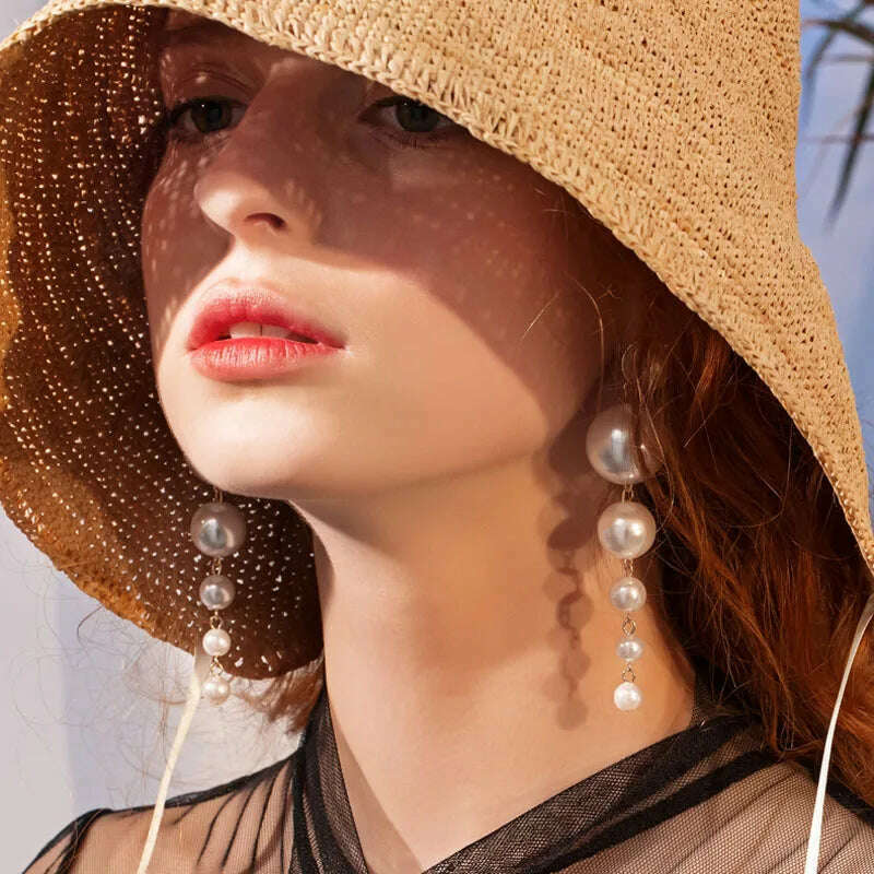 Exquisite Simulated Pearl Stud Earrings Fashion Long Statement Earrings for Womenn Party Wedding Female Jewelry Gift - KIMLUD