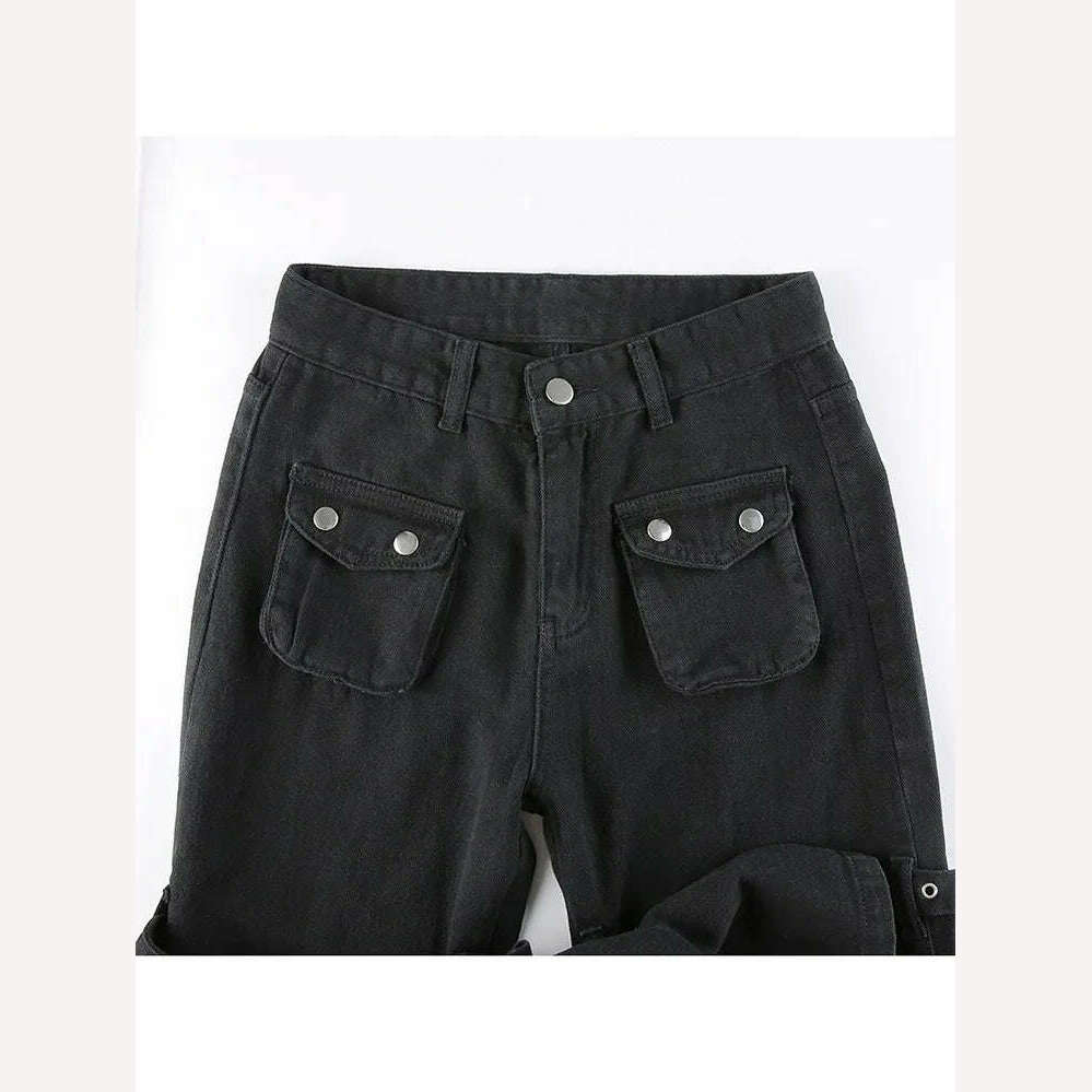 Eyelet Buckle Cyber Punk Goth Baggy Jeans Y2K Woman Techwear Dark Academic Solid E Girl Cargo Pants Denim Gothic Hippie Trousers - KIMLUD