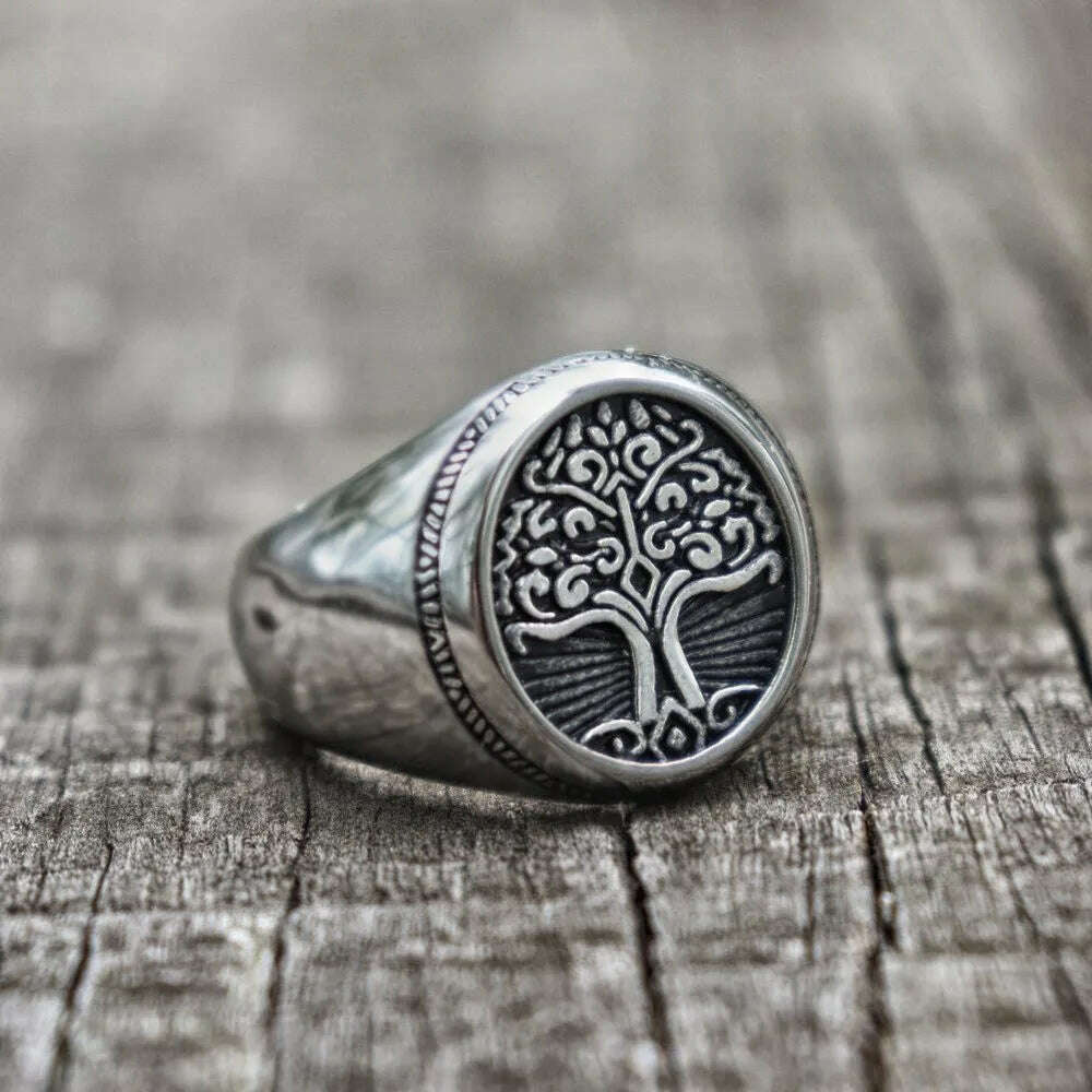 EYHIMD Stainless Steel Tree of Life Signet Ring Classic Men Viking Amulet Rings Nordic Jewelry - KIMLUD