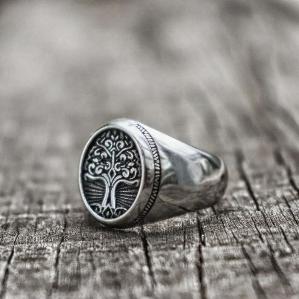EYHIMD Stainless Steel Tree of Life Signet Ring Classic Men Viking Amulet Rings Nordic Jewelry - KIMLUD
