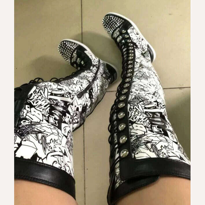 Factory Ladies Over The Knee Boots Ladies Thick Sole Rivets Studs Toe Graffiti Shiny Leather Thigh High Cross-tie Lace Up Botas - KIMLUD