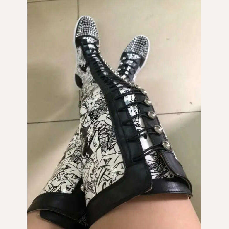 Factory Ladies Over The Knee Boots Ladies Thick Sole Rivets Studs Toe Graffiti Shiny Leather Thigh High Cross-tie Lace Up Botas - KIMLUD