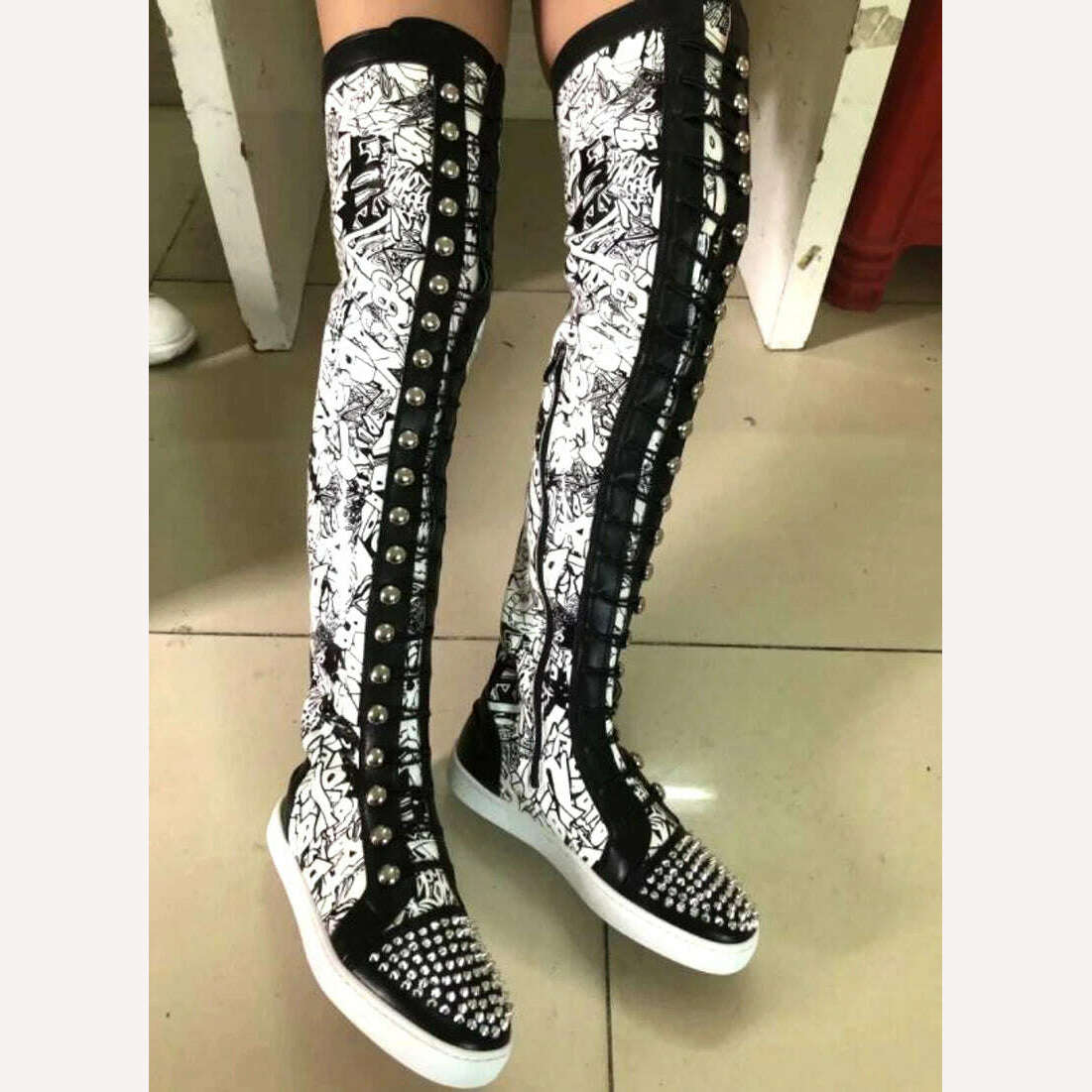 Factory Ladies Over The Knee Boots Ladies Thick Sole Rivets Studs Toe Graffiti Shiny Leather Thigh High Cross-tie Lace Up Botas - KIMLUD
