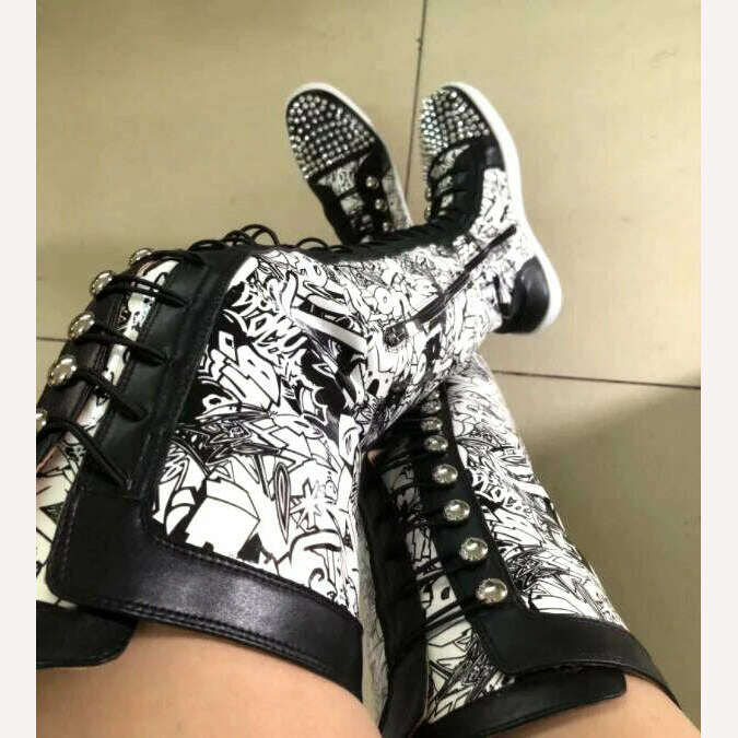 Factory Ladies Over The Knee Boots Ladies Thick Sole Rivets Studs Toe Graffiti Shiny Leather Thigh High Cross-tie Lace Up Botas - KIMLUD