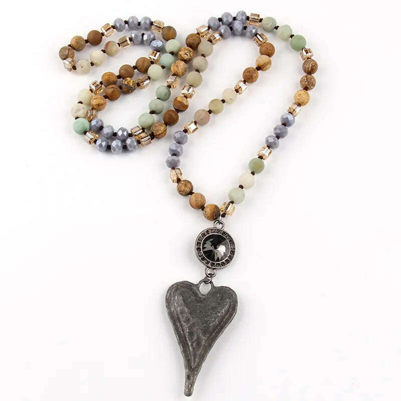 Fashion Bohemian Tribal Jewelry Stone Long Knotted Chain Crystal Links Metal Heart Pendant Necklaces D - KIMLUD