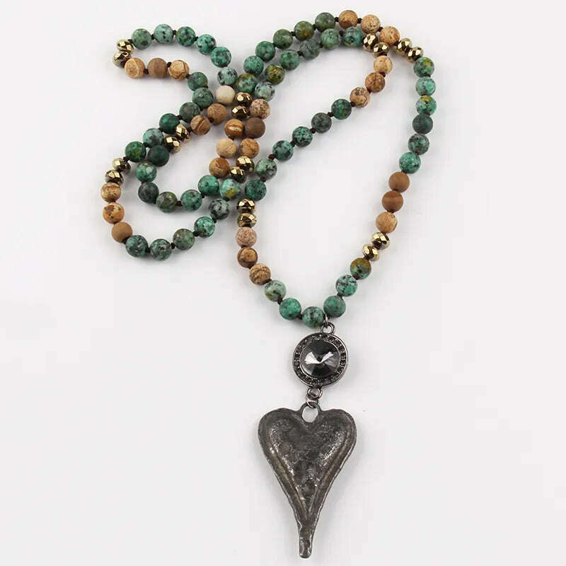 Fashion Bohemian Tribal Jewelry Stone Long Knotted Chain Crystal Links Metal Heart Pendant Necklaces D - KIMLUD