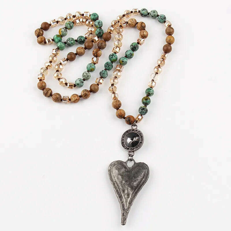 Fashion Bohemian Tribal Jewelry Stone Long Knotted Chain Crystal Links Metal Heart Pendant Necklaces D - KIMLUD