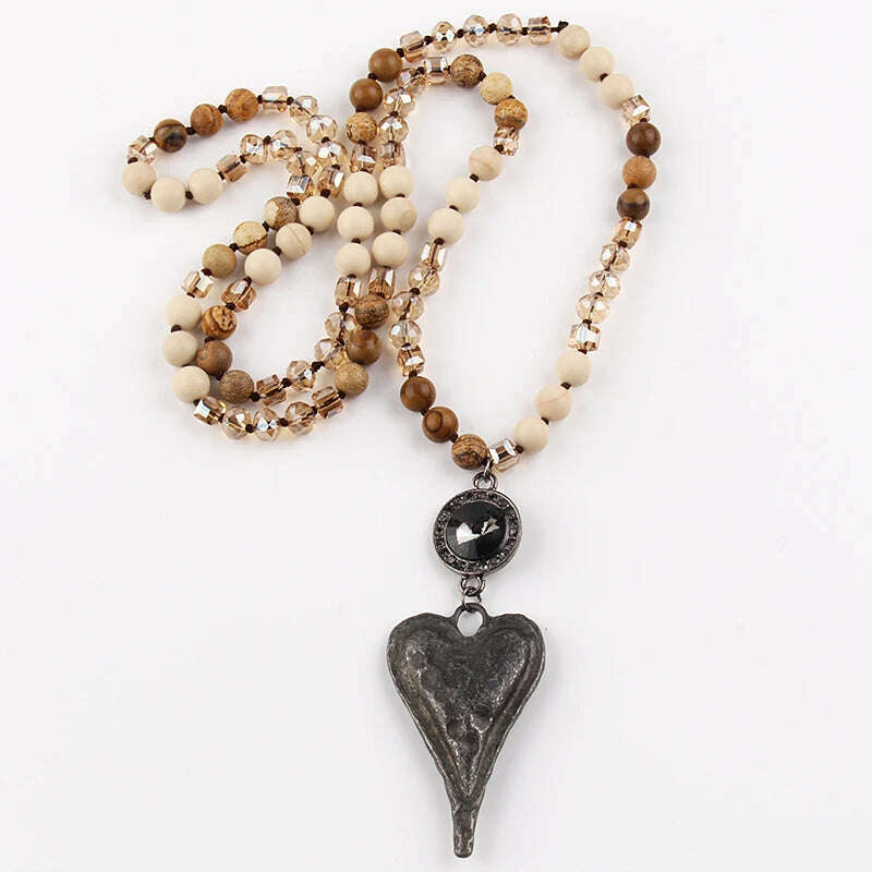 Fashion Bohemian Tribal Jewelry Stone Long Knotted Chain Crystal Links Metal Heart Pendant Necklaces D - KIMLUD