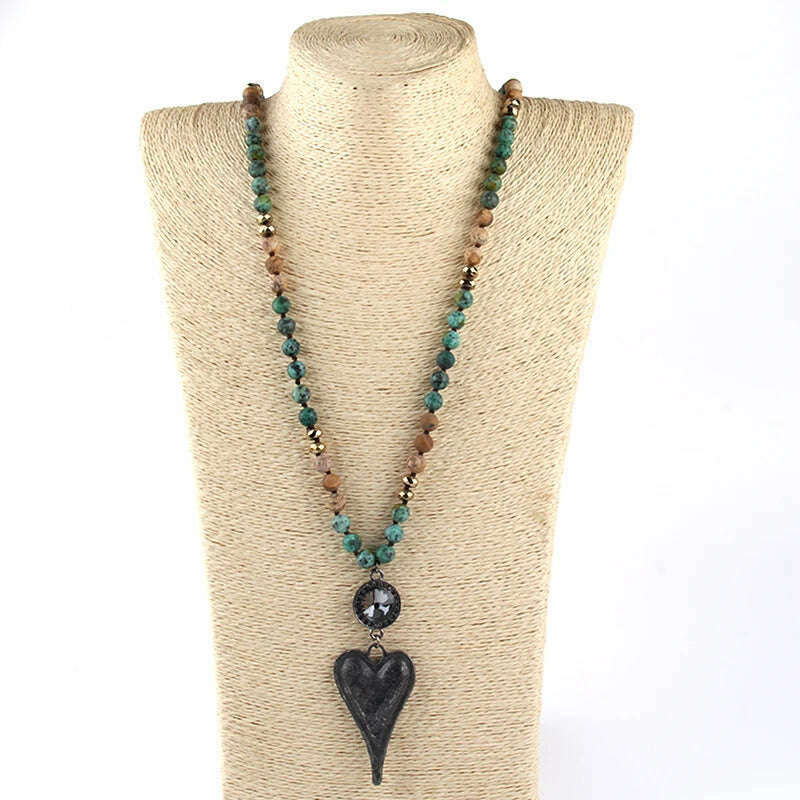 Fashion Bohemian Tribal Jewelry Stone Long Knotted Chain Crystal Links Metal Heart Pendant Necklaces D - KIMLUD