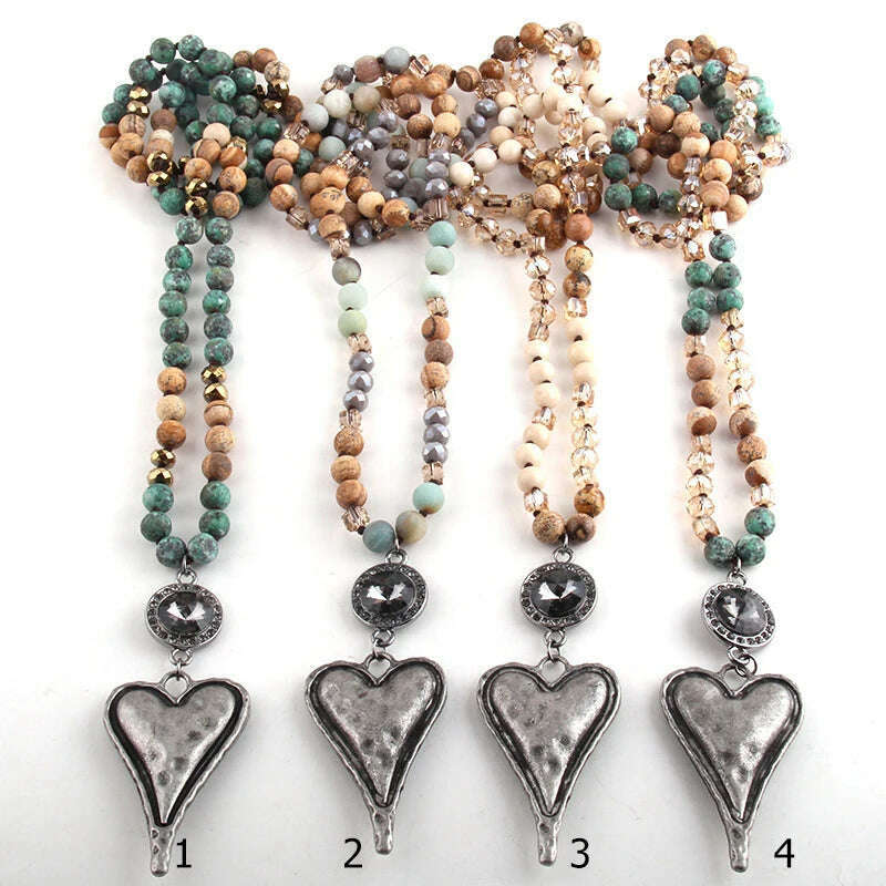Fashion Bohemian Tribal Jewelry Stone Long Knotted Chain Crystal Links Metal Heart Pendant Necklaces D - KIMLUD