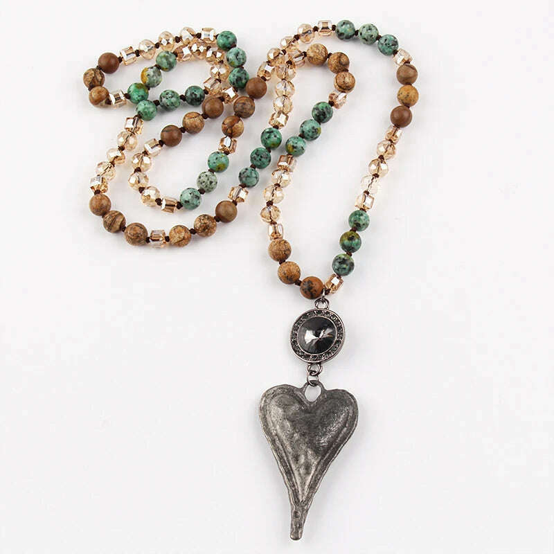 Fashion Bohemian Tribal Jewelry Stone Long Knotted Chain Crystal Links Metal Heart Pendant Necklaces D - KIMLUD