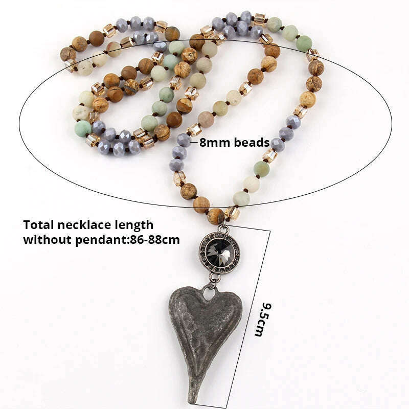 Fashion Bohemian Tribal Jewelry Stone Long Knotted Chain Crystal Links Metal Heart Pendant Necklaces D - KIMLUD