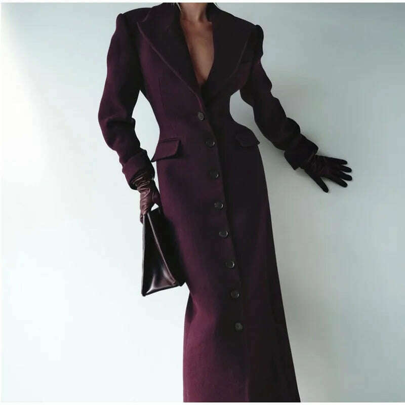Fashion Burgundy Lapel High Waist Long Woolen Jacket Elegant Solid Color Full Sleeves Overcoat New Woman High Street Outerwear - KIMLUD