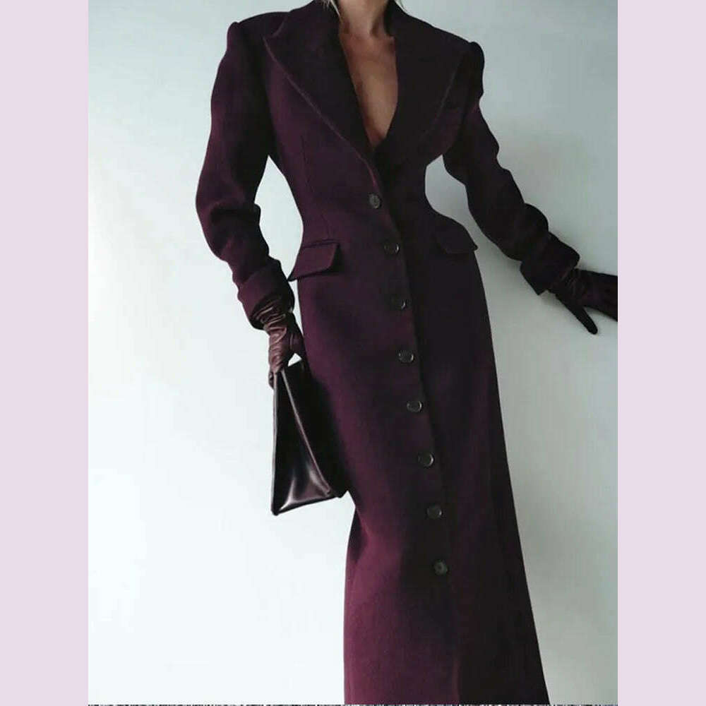 Fashion Burgundy Lapel High Waist Long Woolen Jacket Elegant Solid Color Full Sleeves Overcoat New Woman High Street Outerwear - KIMLUD