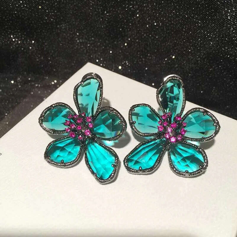 Fashion Crystal Flower Stud Earrings Brooch Ring Jewelry for Women Fashion Girls Vintage Jewelry Party Gift - KIMLUD
